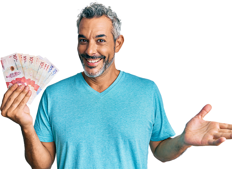 Middle age grey-haired man holding colombian pesos celebrating achievement with happy smile and winner expression with raised hand